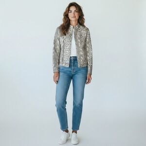 Ruby Rd Petite Womens 12P Snakeskin Print Full Zip Mock Neck Jacket Grey White